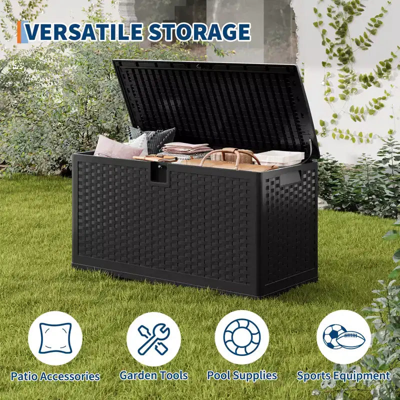 Large Outdoor Waterproof Resin Deck Storage Box 80-120 Gallon Lockable Organizer for Patio Cushions, Tools, Pool Gear Brown or Black Rattan Look