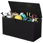 Grande boîte de rangement d'extérieur étanche en résine de 80 à 120 gallons, organisateur verrouillable pour coussins de patio, outils, équipement de piscine, aspect rotin marron ou noir
