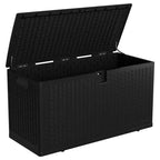 Grande boîte de rangement d'extérieur étanche en résine de 80 à 120 gallons, organisateur verrouillable pour coussins de patio, outils, équipement de piscine, aspect rotin marron ou noir