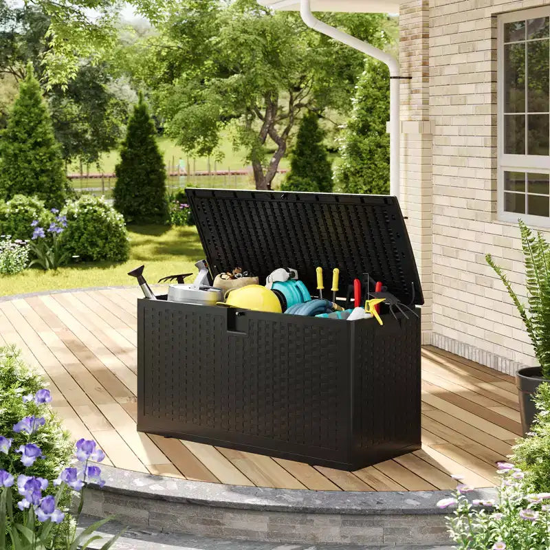 Large Outdoor Waterproof Resin Deck Storage Box 80-120 Gallon Lockable Organizer for Patio Cushions, Tools, Pool Gear Brown or Black Rattan Look