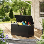Grande boîte de rangement d'extérieur étanche en résine de 80 à 120 gallons, organisateur verrouillable pour coussins de patio, outils, équipement de piscine, aspect rotin marron ou noir
