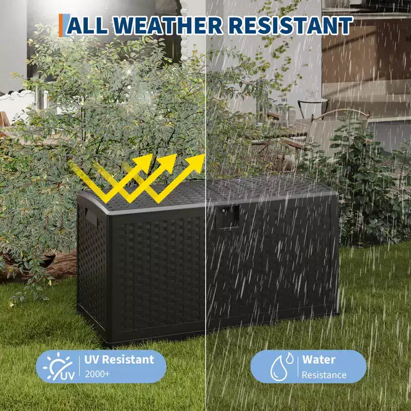 Large Outdoor Waterproof Resin Deck Storage Box 80-120 Gallon Lockable Organizer for Patio Cushions, Tools, Pool Gear Brown or Black Rattan Look