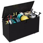 Large Outdoor Waterproof Resin Deck Storage Box  80-120 Gallon Lockable Organizer for Patio Cushions, Tools, Pool Gear  Brown or Black Rattan Look