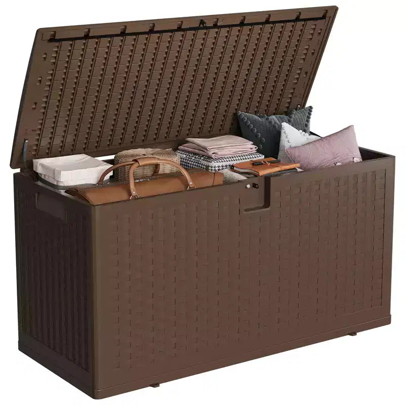 Large Outdoor Waterproof Resin Deck Storage Box 80-120 Gallon Lockable Organizer for Patio Cushions, Tools, Pool Gear Brown or Black Rattan Look