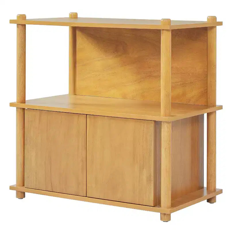 Modern Wood Nightstand with Storage Cabinet and Open Shelves
