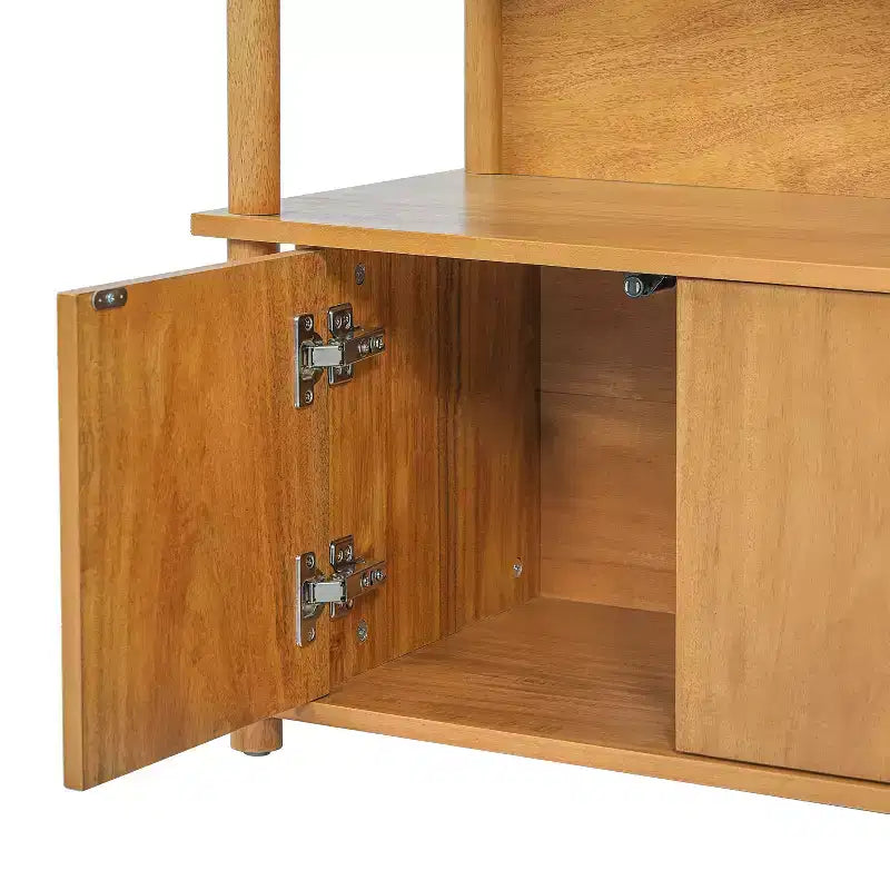 Modern Wood Nightstand with Storage Cabinet and Open Shelves