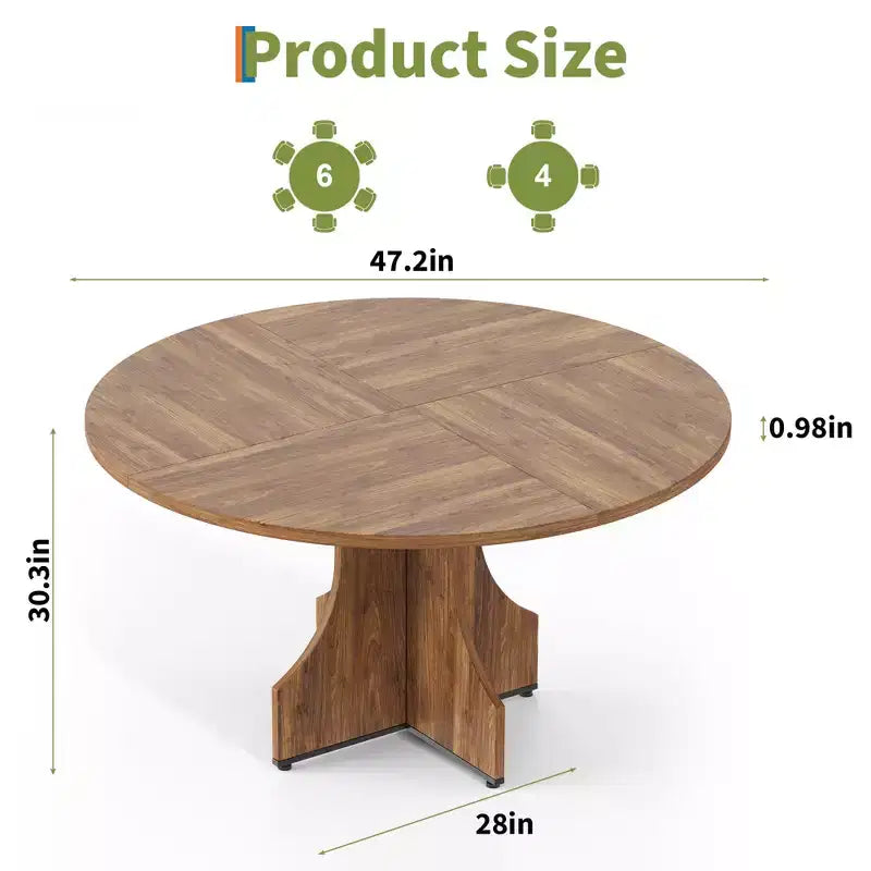 47 Round Dining Table for 4-6, Farmhouse Wood Circle Kitchen Table with Pedestal Base, Space-Saving for Apartment