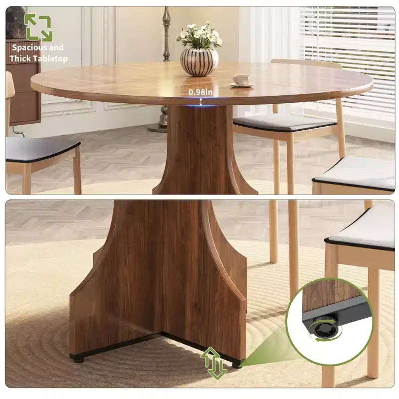 47 Round Dining Table for 4-6, Farmhouse Wood Circle Kitchen Table with Pedestal Base, Space-Saving for Apartment