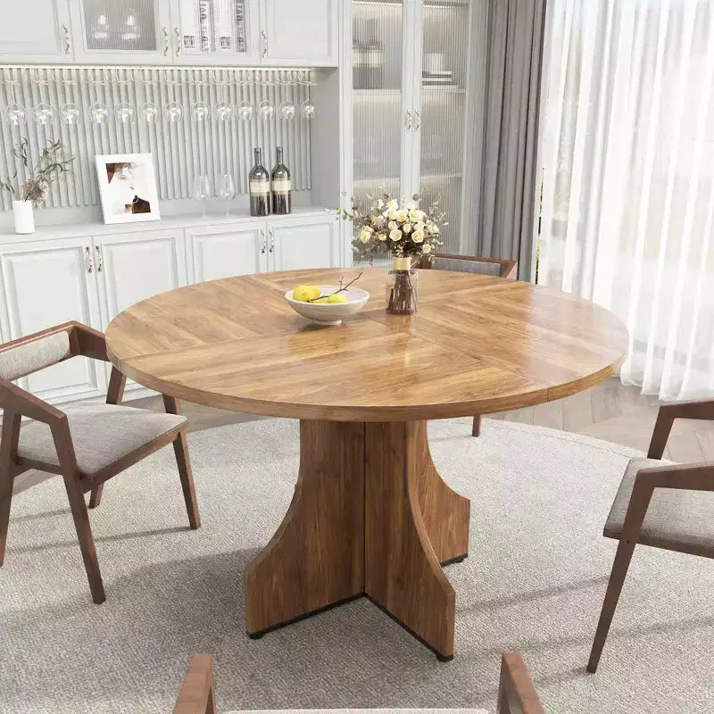 47 Round Dining Table for 4-6, Farmhouse Wood Circle Kitchen Table with Pedestal Base, Space-Saving for Apartment