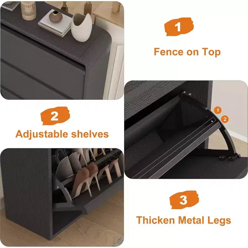 3 Flip Drawer Shoe Cabinet with Adjustable Shelves Slim Shoe Organizer for Entryway