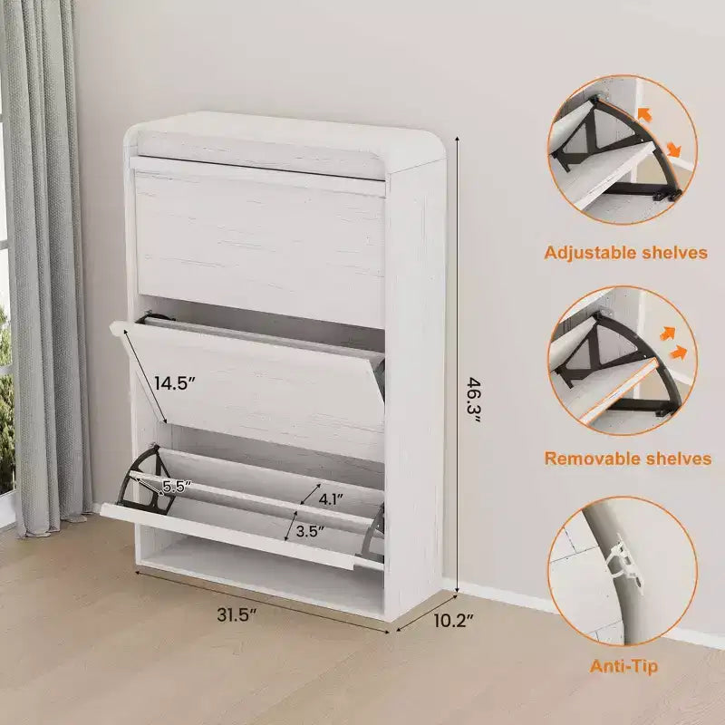 3 Flip Drawer Shoe Cabinet with Adjustable Shelves Slim Shoe Organizer for Entryway