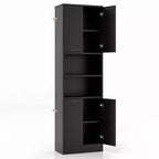 Armoire de rangement haute de salle de bain de 190,5 cm avec 4 portes et 2 compartiments ouverts, sur pied, noire/blanche