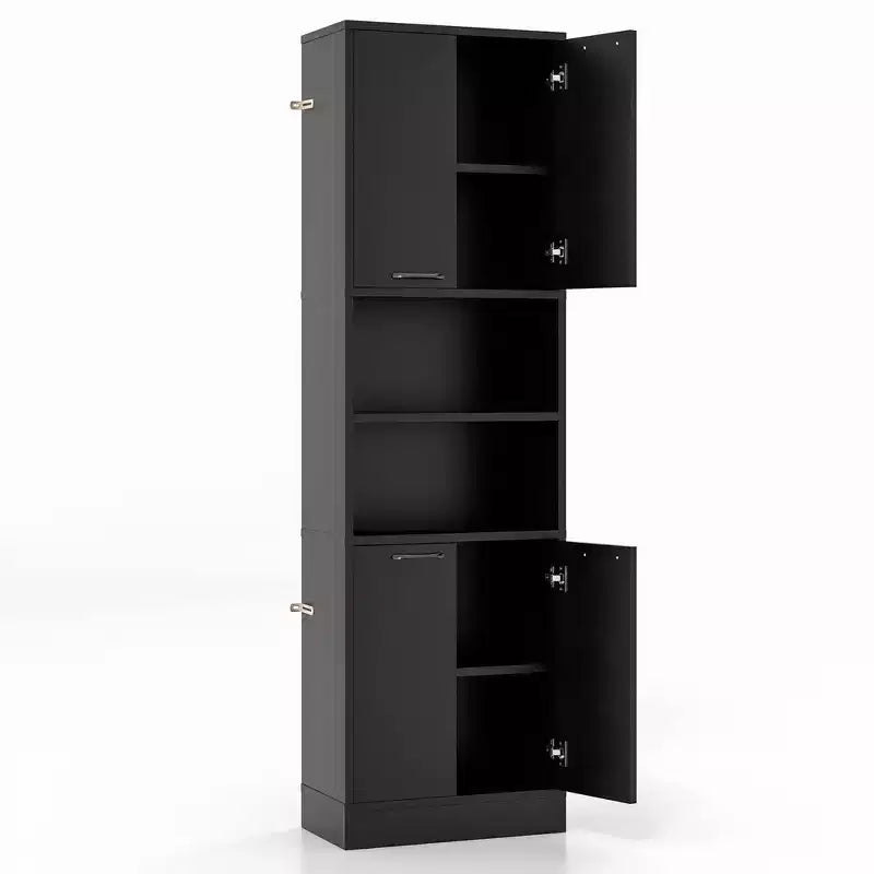 75 Tall Bathroom Storage Cabinet with 4 Doors & 2 Open Compartments Freestanding Black/White