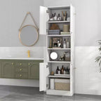 Armoire de rangement haute de salle de bain de 190,5 cm avec 4 portes et 2 compartiments ouverts, sur pied, noire/blanche