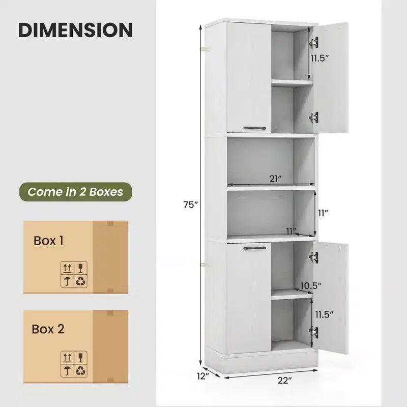 75 Tall Bathroom Storage Cabinet with 4 Doors & 2 Open Compartments Freestanding Black/White