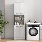 Armoire de rangement haute de salle de bain de 190,5 cm avec 4 portes et 2 compartiments ouverts, sur pied, noire/blanche