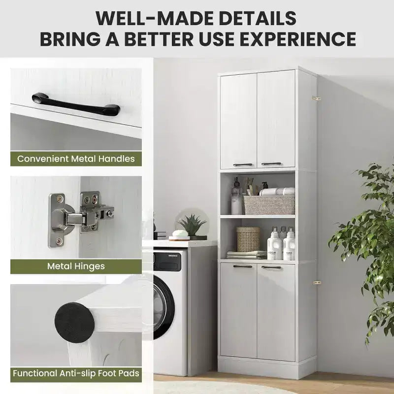 75 Tall Bathroom Storage Cabinet with 4 Doors & 2 Open Compartments Freestanding Black/White