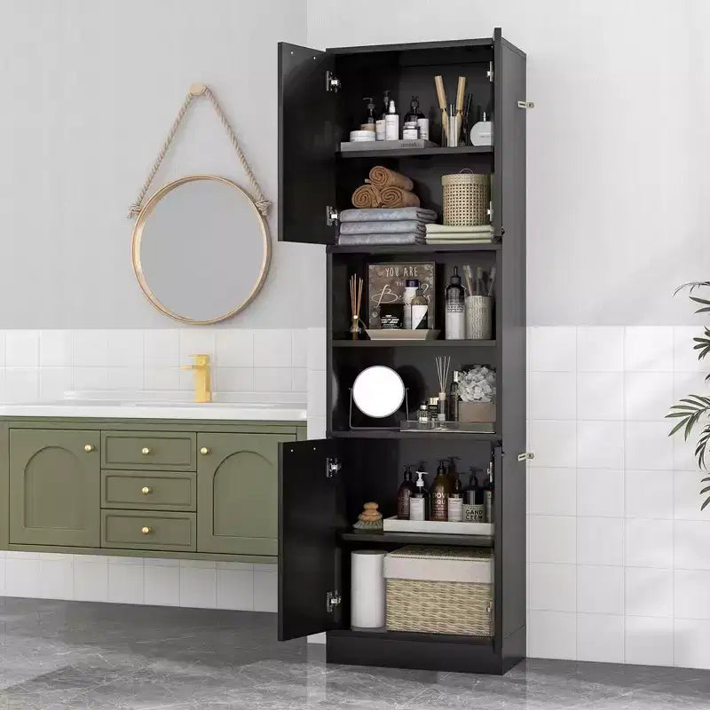 75 Tall Bathroom Storage Cabinet with 4 Doors & 2 Open Compartments Freestanding Black/White