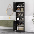 Armoire de rangement haute de salle de bain de 190,5 cm avec 4 portes et 2 compartiments ouverts, sur pied, noire/blanche