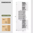 Armoire de rangement haute de salle de bain de 190,5 cm avec 4 portes et 2 compartiments ouverts, sur pied, noire/blanche