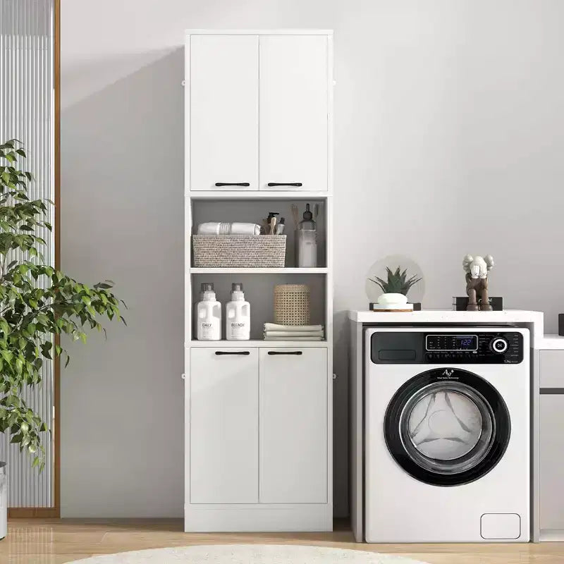75 Tall Bathroom Storage Cabinet with 4 Doors & 2 Open Compartments Freestanding Black/White