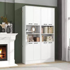 Armoire de rangement haute de salle de bain de 190,5 cm avec 4 portes et 2 compartiments ouverts, sur pied, noire/blanche