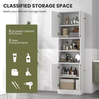 Armoire de rangement haute de salle de bain de 190,5 cm avec 4 portes et 2 compartiments ouverts, sur pied, noire/blanche
