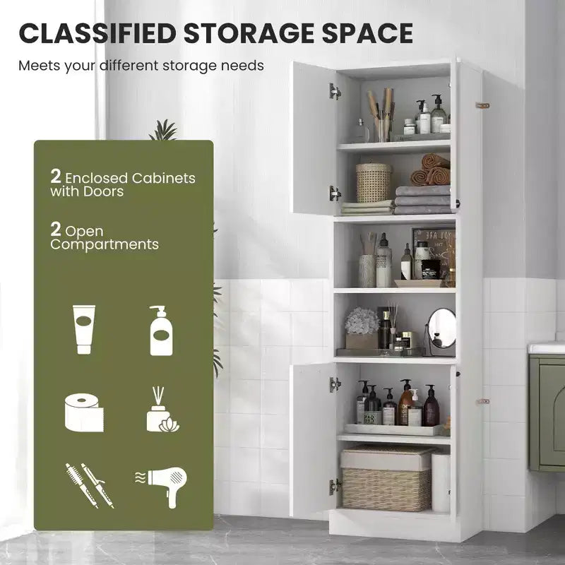 75 Tall Bathroom Storage Cabinet with 4 Doors & 2 Open Compartments Freestanding Black/White