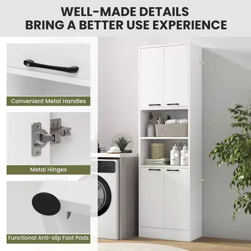 75 Tall Bathroom Storage Cabinet with 4 Doors & 2 Open Compartments Freestanding Black/White