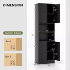 Armoire de rangement haute de salle de bain de 190,5 cm avec 4 portes et 2 compartiments ouverts, sur pied, noire/blanche