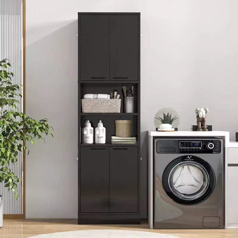 75 Tall Bathroom Storage Cabinet with 4 Doors & 2 Open Compartments Freestanding Black/White