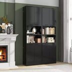 Armoire de rangement haute de salle de bain de 190,5 cm avec 4 portes et 2 compartiments ouverts, sur pied, noire/blanche