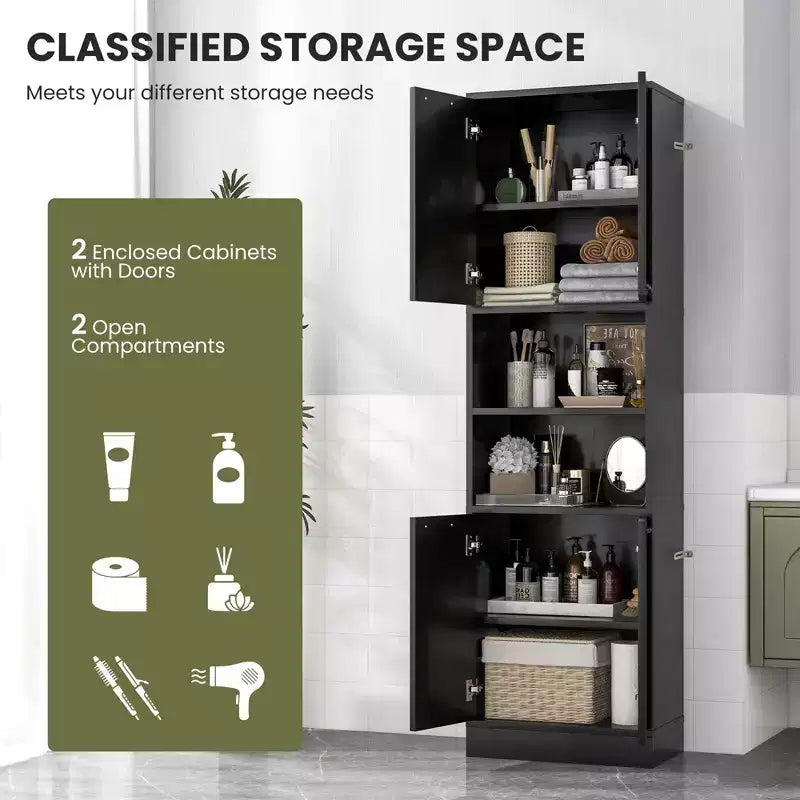 75 Tall Bathroom Storage Cabinet with 4 Doors & 2 Open Compartments Freestanding Black/White