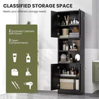 Armoire de rangement haute de salle de bain de 190,5 cm avec 4 portes et 2 compartiments ouverts, sur pied, noire/blanche