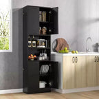 Armoire de rangement haute de salle de bain de 190,5 cm avec 4 portes et 2 compartiments ouverts, sur pied, noire/blanche