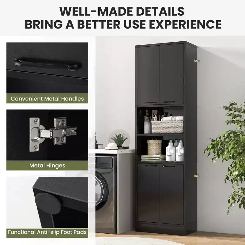 75 Tall Bathroom Storage Cabinet with 4 Doors & 2 Open Compartments Freestanding Black/White