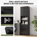 Armoire de rangement haute de salle de bain de 190,5 cm avec 4 portes et 2 compartiments ouverts, sur pied, noire/blanche