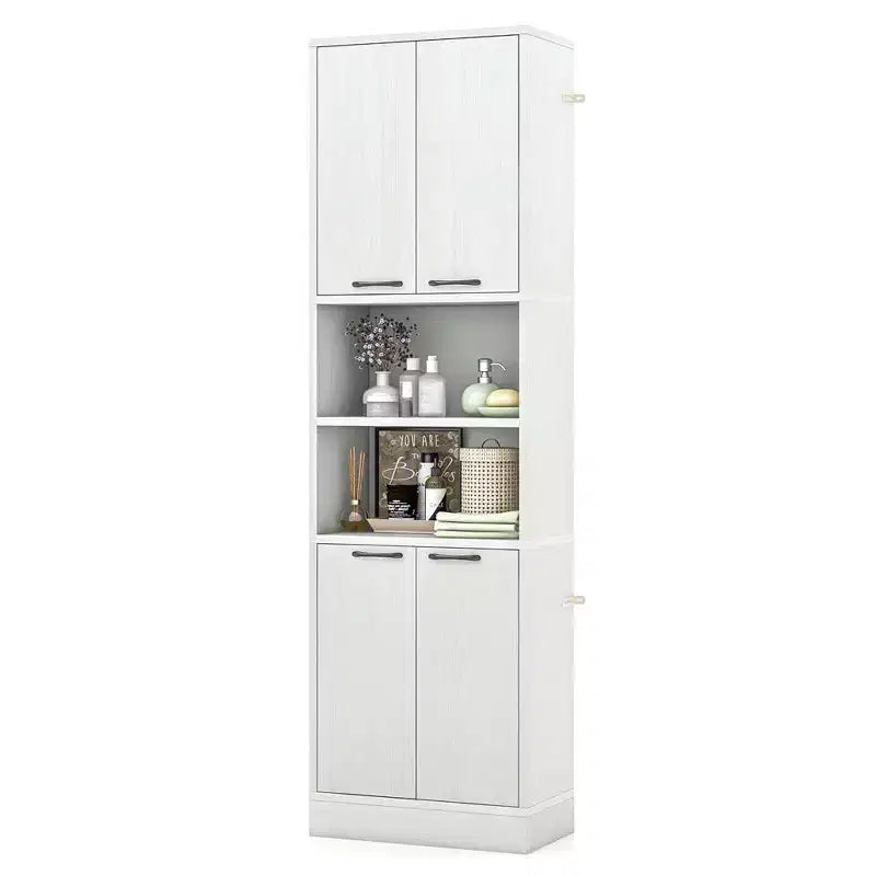 75 Tall Bathroom Storage Cabinet with 4 Doors & 2 Open Compartments Freestanding Black/White