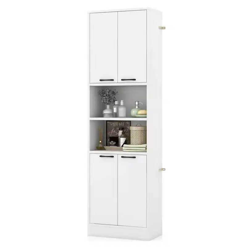 75 Tall Bathroom Storage Cabinet with 4 Doors & 2 Open Compartments Freestanding Black/White
