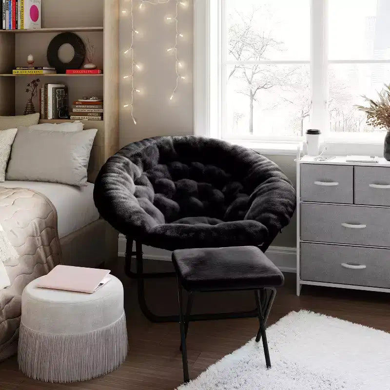 38 Oversize Portable Faux Fur Folding Saucer Moon Chair with Folding Ottoman for Dorm and Bedroom
