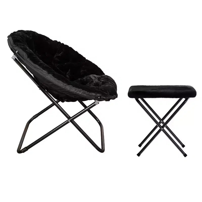 38 Oversize Portable Faux Fur Folding Saucer Moon Chair with Folding Ottoman for Dorm and Bedroom
