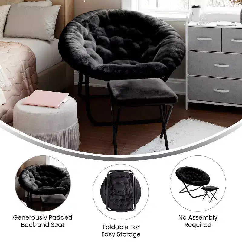 38 Oversize Portable Faux Fur Folding Saucer Moon Chair with Folding Ottoman for Dorm and Bedroom