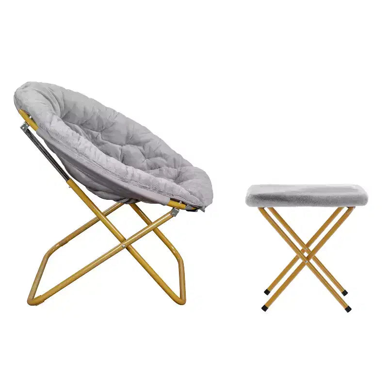 38 Oversize Portable Faux Fur Folding Saucer Moon Chair with Folding Ottoman for Dorm and Bedroom