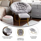 Fauteuil lune pliant surdimensionné de 38 po en fausse fourrure avec pouf pliant pour dortoir et chambre