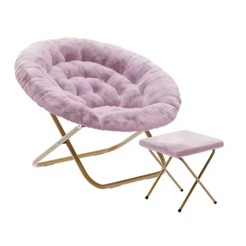 38 Oversize Portable Faux Fur Folding Saucer Moon Chair with Folding Ottoman for Dorm and Bedroom