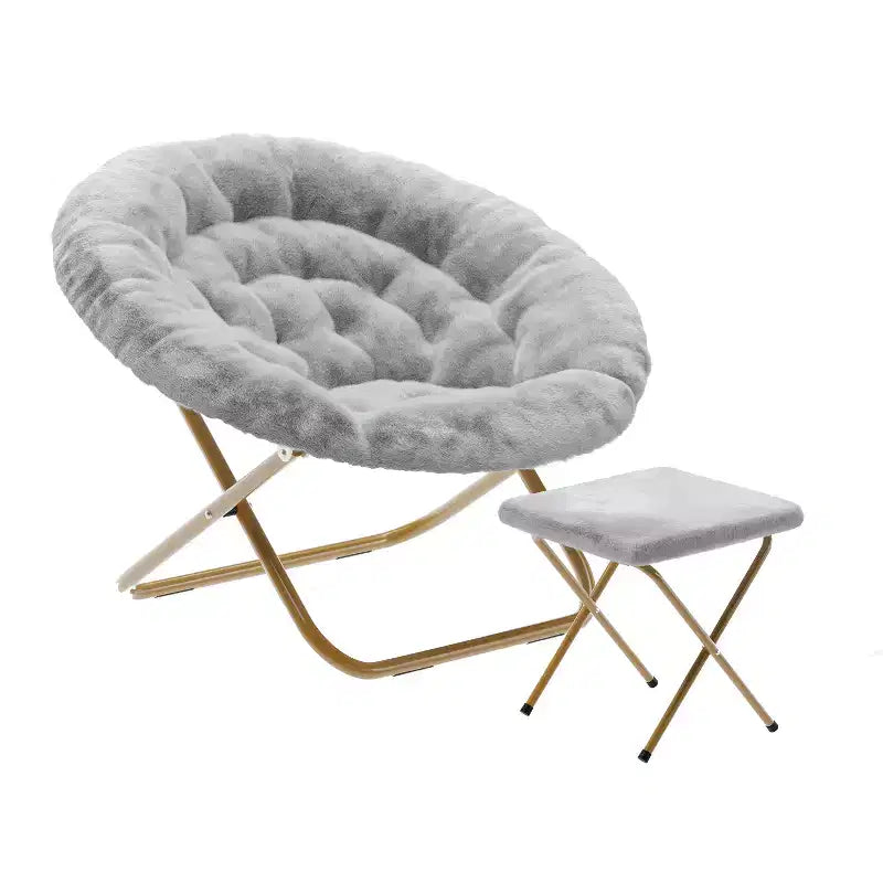 38 Oversize Portable Faux Fur Folding Saucer Moon Chair with Folding Ottoman for Dorm and Bedroom