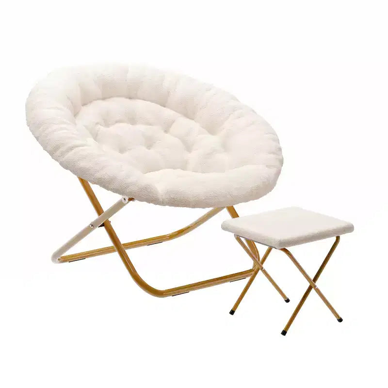 38 Oversize Portable Faux Fur Folding Saucer Moon Chair with Folding Ottoman for Dorm and Bedroom