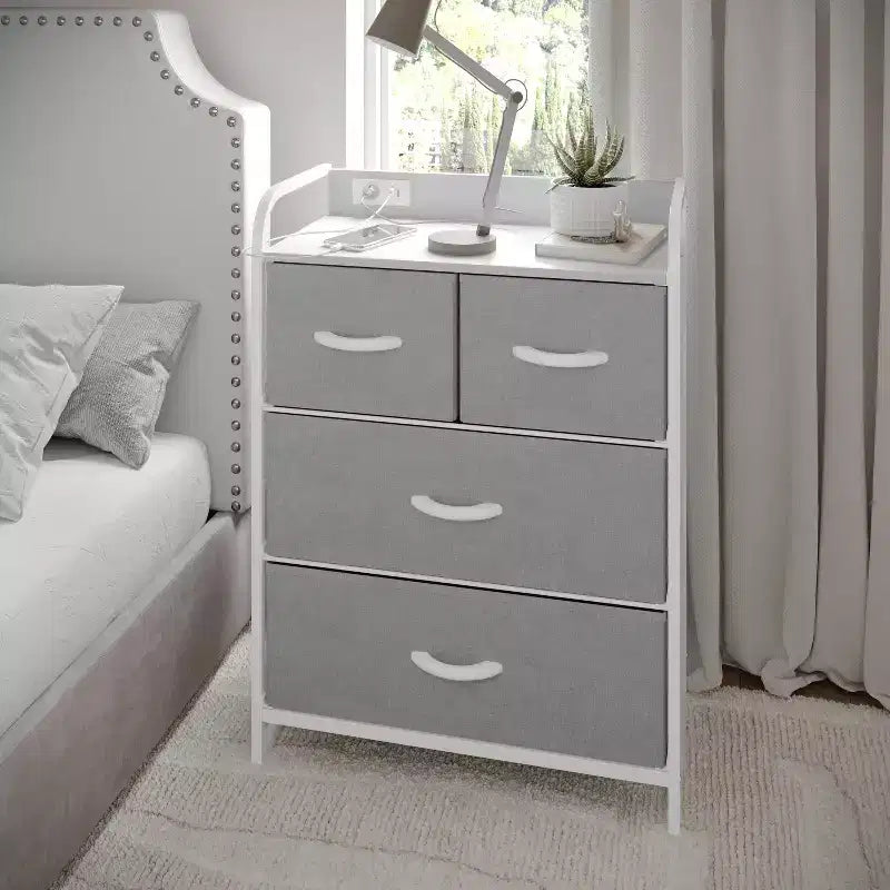 4 Drawer Nightstand with Charging Station, 2 USB Ports and 1 Outlet, Metal Frame, Engineered Wood Top, Drawers and Handles