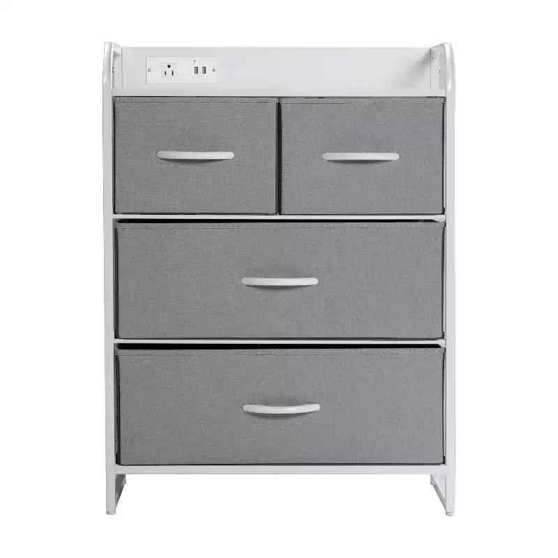 4 Drawer Nightstand with Charging Station, 2 USB Ports and 1 Outlet, Metal Frame, Engineered Wood Top, Drawers and Handles