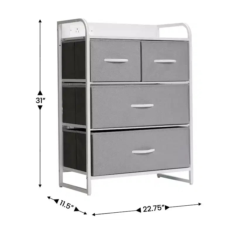 4 Drawer Nightstand with Charging Station, 2 USB Ports and 1 Outlet, Metal Frame, Engineered Wood Top, Drawers and Handles